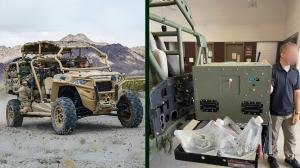 On the left: Military-grade Polaris MRZR All-terrain Vehicle. On the right: Demonstration of the MAVERICK creating drinking water from air for U.S. military service members.