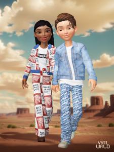 Dynamic virtual duo explores digital frontier, showcasing the latest in animation fashion against a striking desert backdrop.