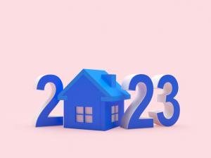 Blue numbers 2023 with house icon on pink