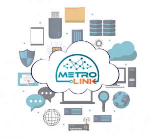 Logo for MetroLink showing connection nodules in a cloud with cyan and MetroLInk in orange text.