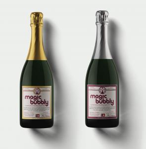Champagne-style bottles of Magic Number's 2023 Magic Bubbly, a solventless sparkling apple cider infused with either 50mg or 100mg live rosin.