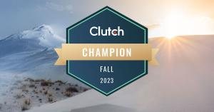 "Clutch Champion Fall 2023" award badge overlayered on an ambient image blend of a snowy Nordic mountain landscape to the left, blending into desert dunes to the right.