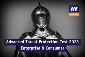 The photo shows the upper part of a knight's armor and the title Advanced Threat Protection Test 2023 Enterprise and Consumer together with the logo of AV-Comparatives.