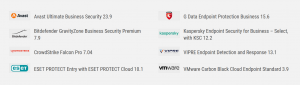 List and logos of tested products for the Enterprise Advanced Threat Protection Test 2023 from AV-Comparatives