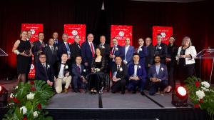 Mayor Frank Scarpitti, Chris Collucci, Jack Ungar, with award finalists & recipients at the Markham Board of Trade's 33rd Annual Business Excellence Awards. A moment of recognition and celebration on stage.