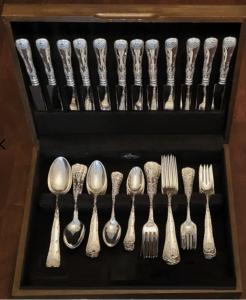 Tiffany sterling silver Wave Edge flatware set for 12, with case, including 60 pieces of flatware, with no monograms, stamped “Tiffany & Co. Sterling” (est. $3,500-$5,000).