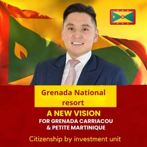 Galli Khurelee Vice President standing next to a flag of Grenada with the words new vision for Grenada
