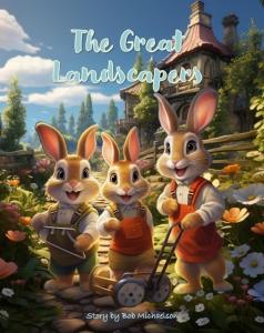 3 Rabbits in Front of their home smiling & proudly holding their work tools for gardening