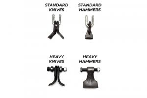 The TE Series has 4 options of utensils: 1) standard knives, 2) standard hammers 3) heavy knives and 4) heavy hammers