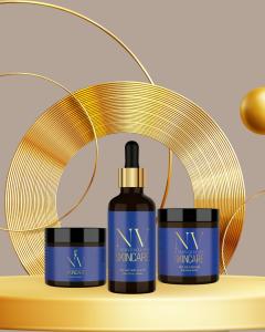 An image of NV Luxury Exclusive skincare products circled in elegant gold