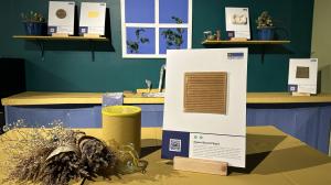 Agave-based plastic materials tile showcased at a hand crafted "kitchen" made from recycled garbage