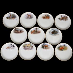 Group of eleven plates marked KPM porcelain, 9 ¼ inches in diameter, each one having a lovely hand-painted animal decor with German names (est. $750-$1,750). There are 35 KPM plates in the sale.