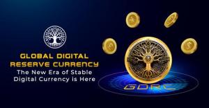 A promotional graphic for Global Digital Reserve Currency featuring a gleaming golden coin with a tree emblem, symbolizing the launch of a new era in stable digital currencies.