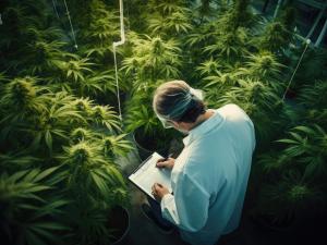 Cannabis cultivator outdoors in a large garden of cannabis
