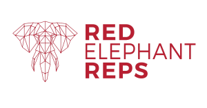 Logo with elephant head and the text Red Elephant Reps in red
