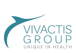 logo containing a swordfish and the name of the company Vivactis Group next to it, and the slogan Unique in Health below, with a white background