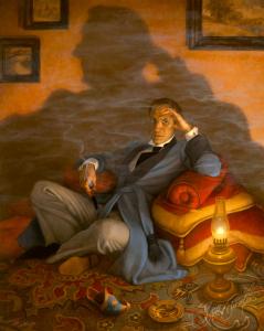 An artful depiction of Sherlock Holmes, seated and pensive, with a pipe. His shadow, an ashtray, matches, a shoe, and a lit lamp are also visible.