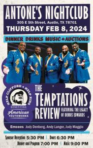 Invitation to Help Clifford Help Kids annual fundraiser featuring a photo of The Temptations Review featuring the legacy of Dennis Edwards at Antone’s Nightclub on February 8, 2024. The invitation has white text on a dark purple and distressed background,