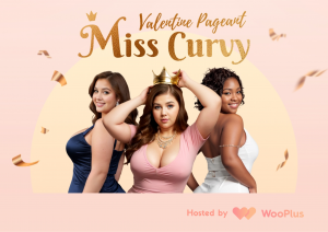 A group of smiling women wearing sashes and crowns, holding flowers and trophies, standing on a stage with a banner that says “Miss Curvy Valentine’s Pageant”.