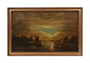 Mid-18th century oil on panel River Landscape by Moonlight by Aert Van Der Neer (Dutch, 1603-1677), depicting a busy late night river bank scene with several sailboats ($16,940).