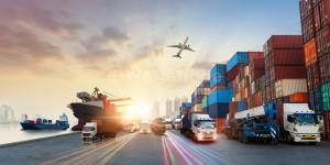 a photo showing containers and various transportation methods such as sea, lorry and more