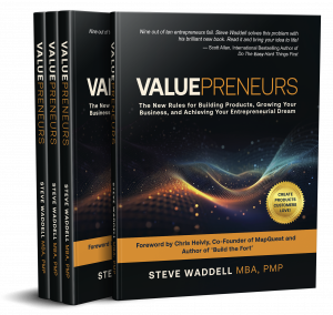 Image of Valuepreneurs cover, widely available for purchase on Amazon, Barnes & Noble, and other major book retailers in paperback (black and white), hardcover, and Kindle (full color) formats, as well as an audiobook