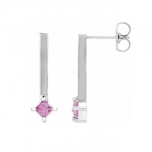 These contemporary pink sapphire bar earrings are set in 14K white gold and sold by Diamond Bay Jewelers, Osprey, FL. Pink sapphires are among the most popular pink and red gemstones in the jewelery world today, due in part to the popularity of the Barbie