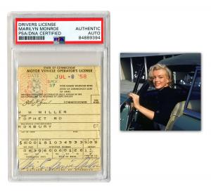 Lot 285 is Marilyn Monroe’s circa 1958 Connecticut driver’s license, dating from her marriage to Roxbury, Connecticut resident and playwright Arthur Miller, signed by her as “Marilyn Monroe Miller.” PSA/DNA slabbed and certified authentic (est. $30,000-$4