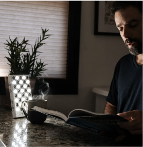 The light box sits on the desk next to you while you work to provide healthy light which can help with seasonal affective disorder