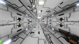 Screenshot of white spaceship corridor with etched designs