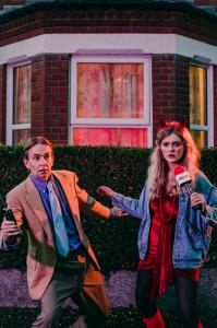 Gerry Burns and Michelle Kelly outside the haunted house