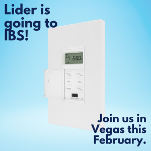 Image with text announcing Lider Electric is attending IBS and invites readers to join. In-wall timer product photo in center.
