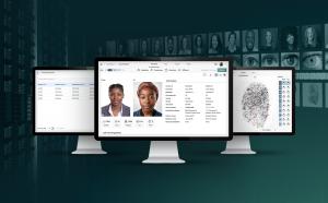 Image of two photos of a woman and a fingerprint on computer screens. Caption reads: • MegaMatcher ABIS updates include hierarchical galleries support, primary encounter selection, a new voice matching algorithm, enhancements for use in criminal investiga