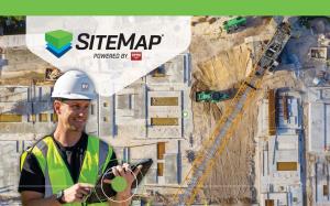 A construction worker holding a tablet is superimposed over a satellite view of a construction site.