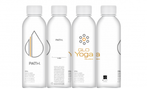 PATH-GLO Yoga water bottle from 4 sides, highlighting both PATH and GLO Yoga Studios partnership