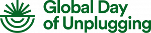 The Global Day of Unplugging logo is green and includes a mark that represents sparks emanating from the planet from all the human connection.