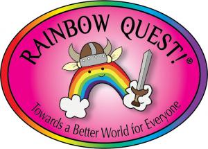 An oval with a rainbow edge, with the Rainbow Quest icon, the Rainbow Viking. Underneath their image is the motto, Towards a Better World for Everyone.