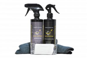 Mach Coatings Aviation Ceramic Kit, including Waterless Wash and Aviation Detail Spray bottles with a microfiber cloth, ready to use for aircraft detailing.