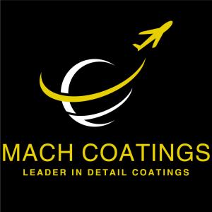 Logo of Mach Coatings featuring a stylized aircraft ascending over a swooping yellow and white trail, symbolizing leadership in detail coatings.