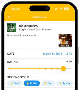 A screenshot of the check in and rating process within the Untappd app