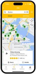 A screenshot of the live brewery map within the Untappd app