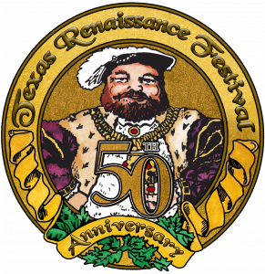 Logo image of a Renaissance king with 50th Annversary on it. Caption reads: The Texas Renaissance Festival is celebrating 50 years of the nation’s largest and most acclaimed Renaissance themed event.