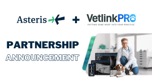 This image contains two company logos, one for Asteris and one for VetlinkPRO, with the words Partnership Announcement, and an image of a veterinarian, a dog and computer devices with animal xrays on them.