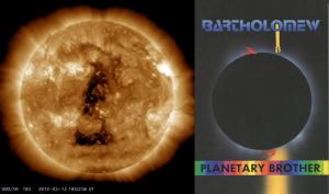 A NASA image showing a coronal triangle is juxtaposed with the book cover of Planetary Brother (1991), a book by 'Bartholomew' channeled through Mary-Margaret Moore.