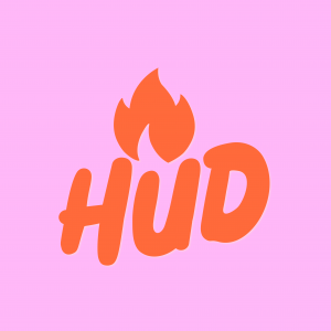 The words HUD App in orange on a pink background.