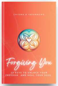 Forgiving You: 23 Keys to Unlock Your Freedom and Heal Your Soul (front cover of book) white text against a gorgeous orange gradient and sweeping design with an image that represents freedom, love, and healing
