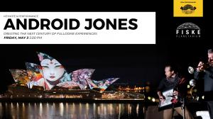 Android Jones performing on the side of the Sydney Opera house in a graphic promoting DomeFestWest.com