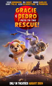 A goofy film poster with a cartoon dog and a cat falling out of an airplane as the airplane takes off.