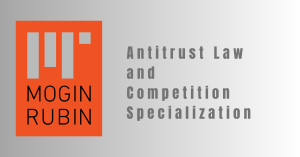 Orange and gray logo for MoginRubin antitrust law firm.