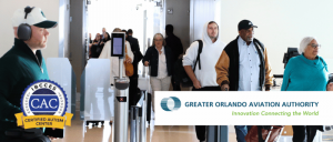 Airplane passengers boarding/arriving in Orlando International Airport.